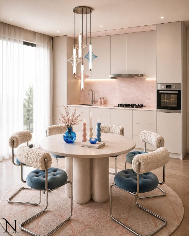 Blush pink kitchen with white cabinets, round stone table, boucle chairs with blue tufted seats and glass pendants