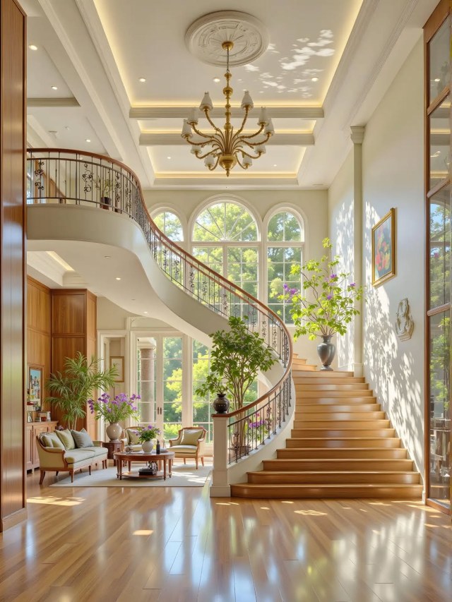 Sunlit double-height foyer with a curved wooden staircase, iron railing, brass chandelier and arched windows