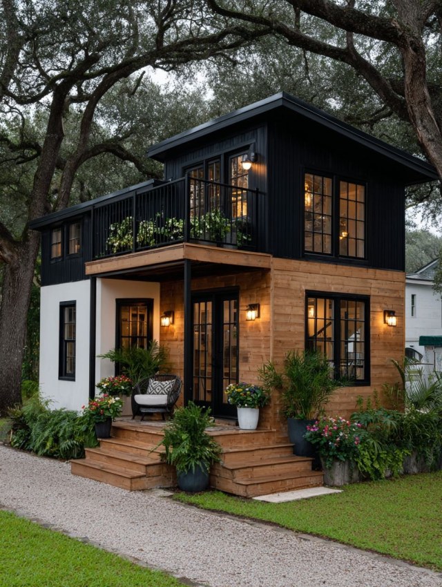 Compact two-story home with black upper siding, cedar lower walls, flower-filled balcony and lit porch sconces