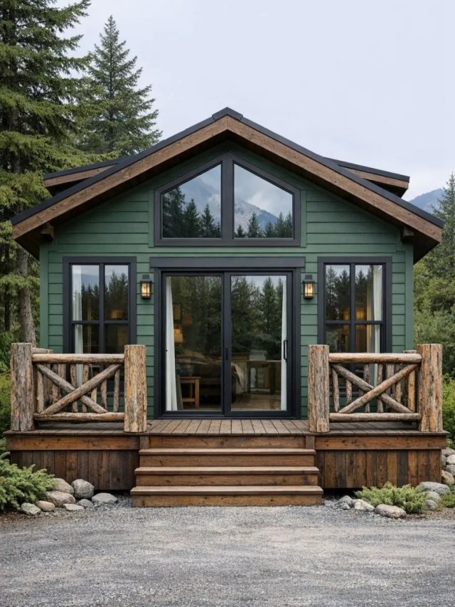 Green tiny cabin with black-framed glass doors, triangular gable window and rustic log porch railings