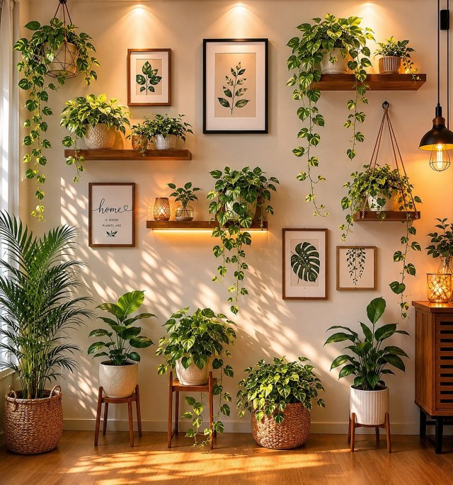 Plant-filled wall corner with wood shelves, botanical framed prints, hanging pothos and potted palms on wood floor