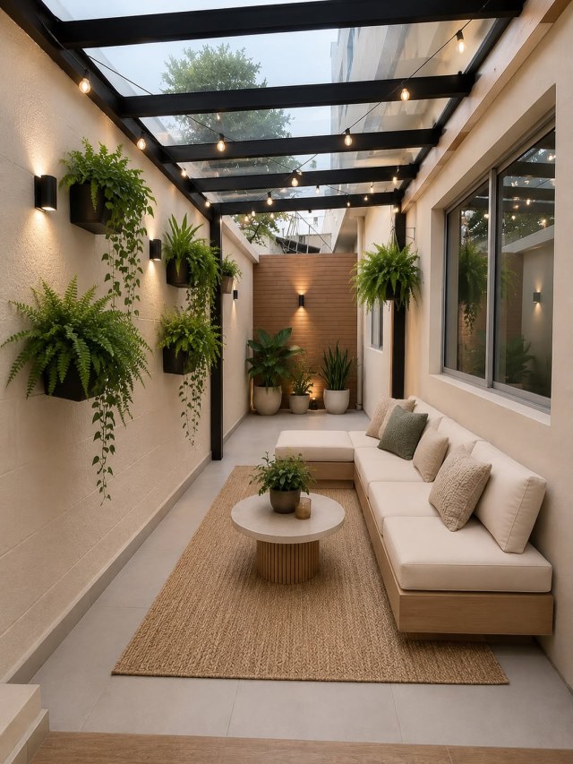 Narrow covered courtyard with glass-roof pergola, string lights, wall-hung ferns, beige sectional and jute rug