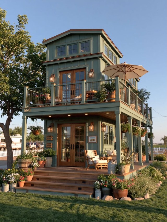 Two-story sage green tiny house with wood doors, upper deck with umbrella, porch and potted flowers