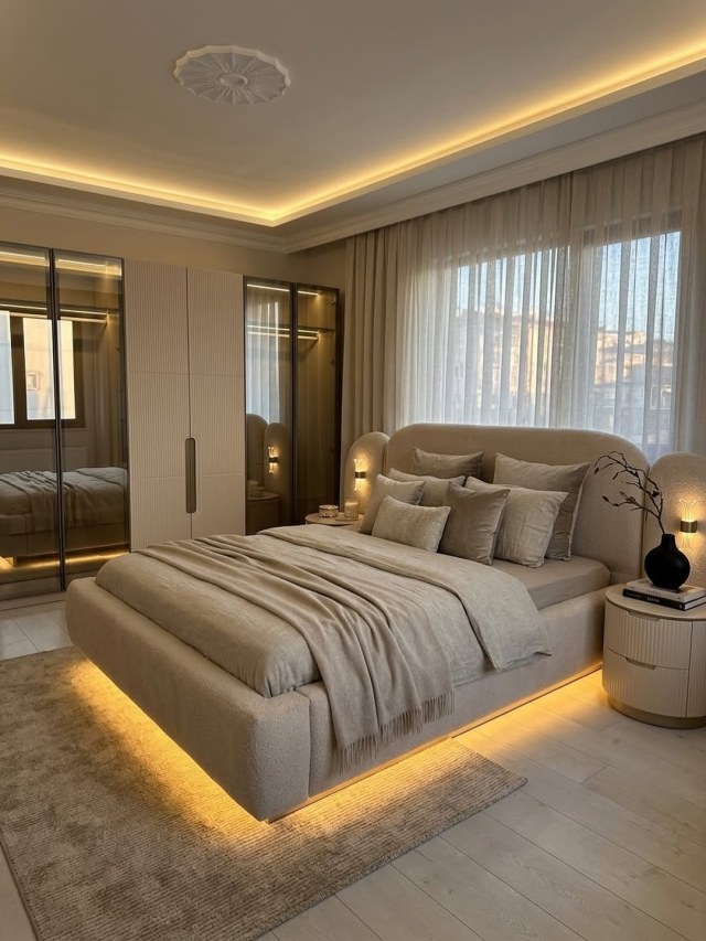Beige bedroom with boucle upholstered bed, LED cove ceiling lighting, mirrored wardrobe and ribbed nightstand
