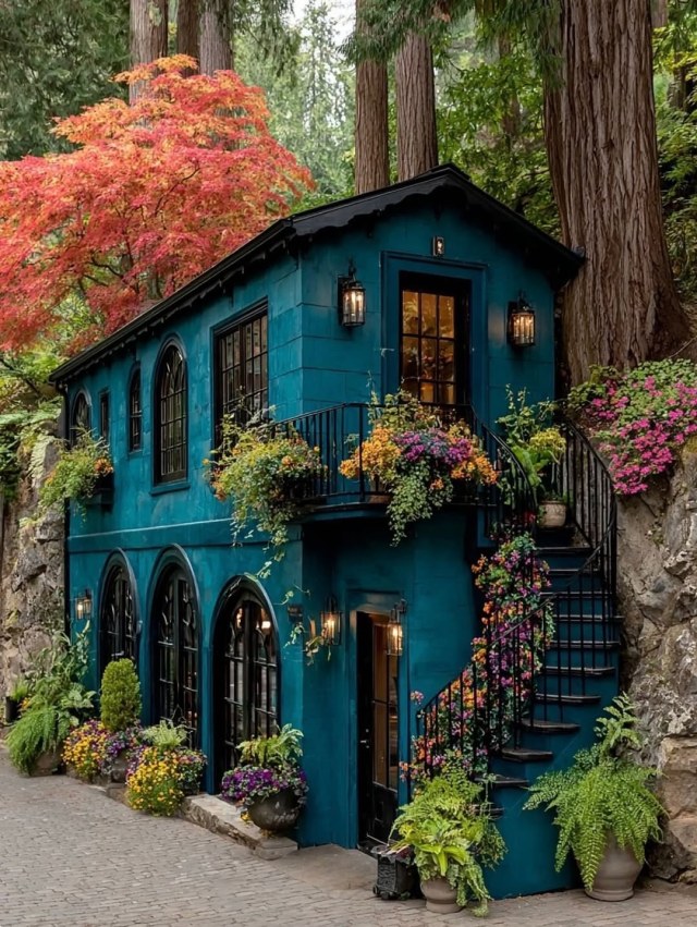 Teal two-story cottage with black arched windows, lantern sconces, flower-filled boxes and iron stairs in a redwood grove